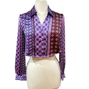 House Of Harlow 1960 Satin Button Front Patterned Cropped Blouse SZ XS Purple